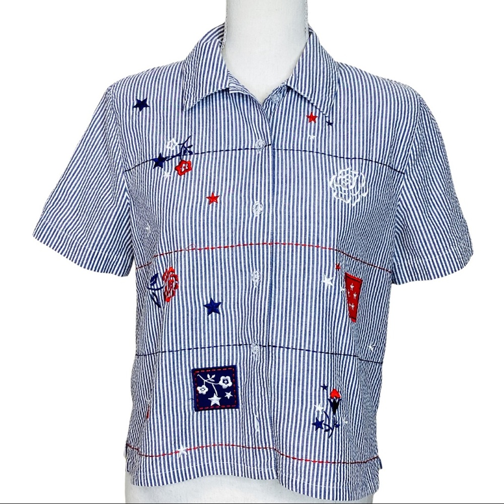 Vintage Koret Seersucker Embroidered Top Size P